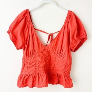 Sim & Sam Smocked Pedlum Top Womens XL Orange Smocked Puff Sleeve Coquette UTK